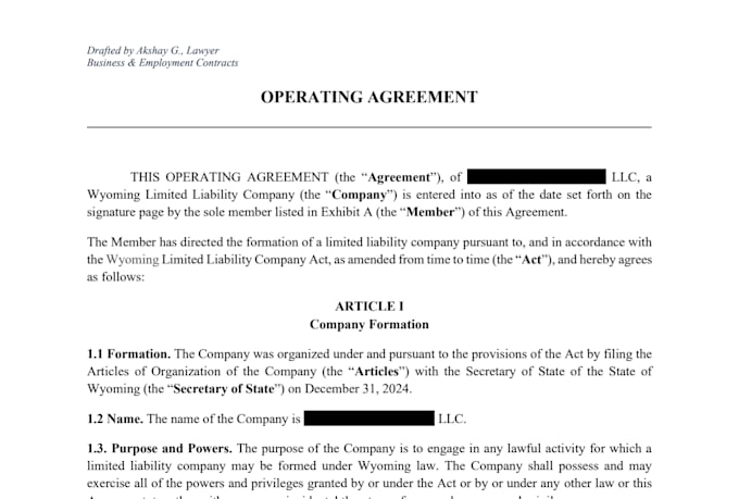 prepare custom llc operating agreement